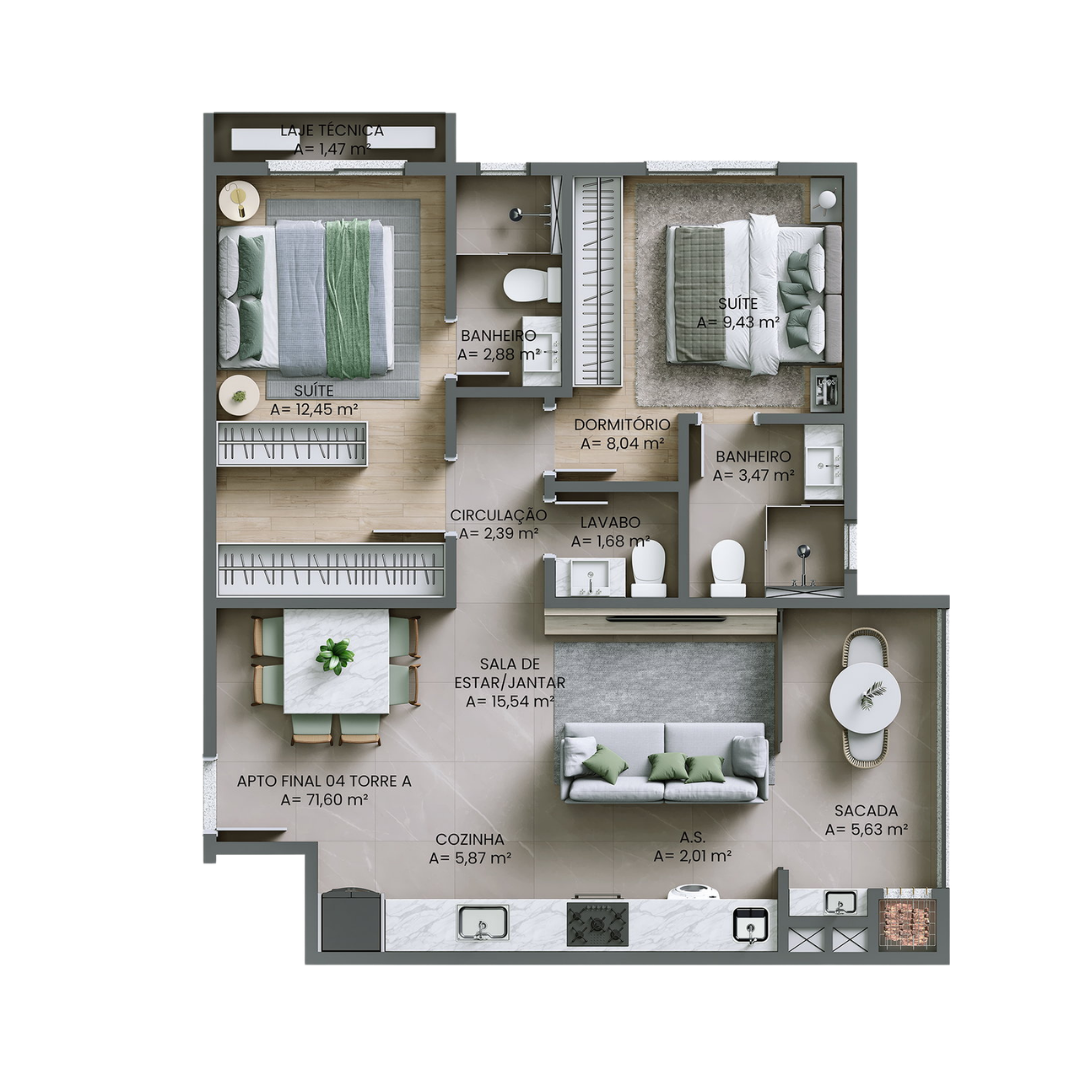 Planta 2 Dorms 2 Suítes — Paesaggio